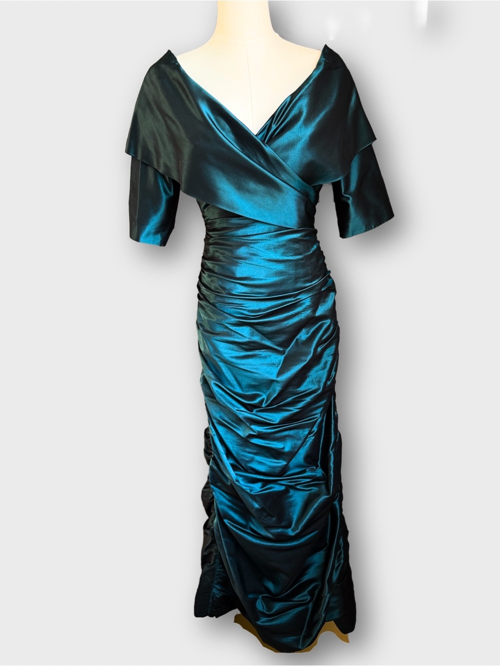 Vintage 80s Rickie Freeman Teri Jon Teal 100% Silk Ruched Evening Gown Size 4